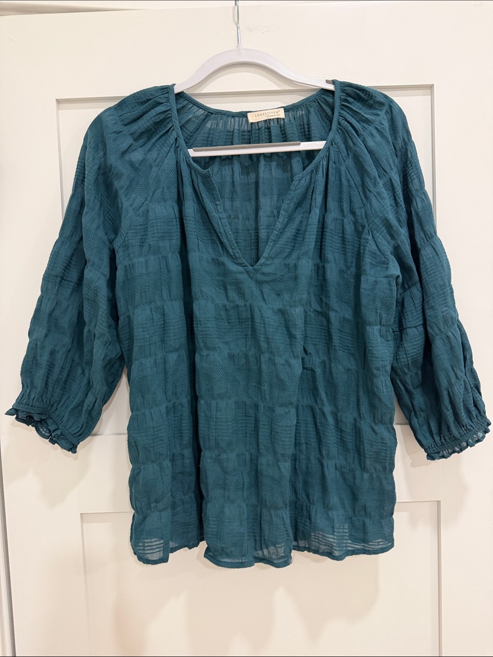 LoveStitch Teal Textured Cotton V-Neck Boho Blouse Size L